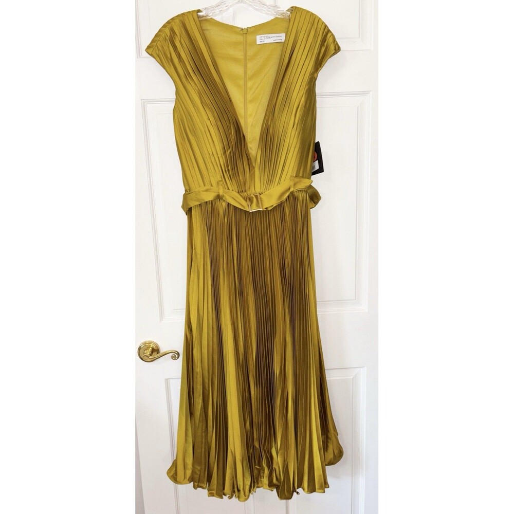 Ieena for Mac Duggal 26483 Chartreuse Pleated Dress Size 12 Fall Wedding - Picture 3 of 11